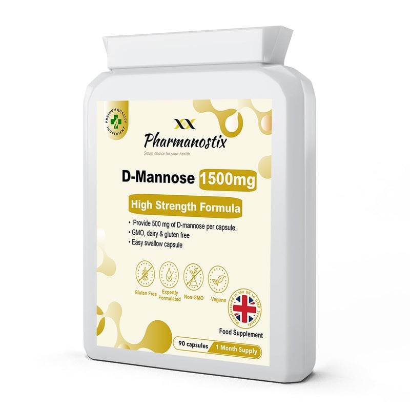 Pharmanostix D-Mannose 500mg Per Capsule â€“ High Strength Daily Serving (1500mg) â€“ 90 Vegan Friendly Capsules (Not Tablets) â€“ 100% Natural Premium D Mannose â€“ Suitable for Vegans â€“ Made in The UK